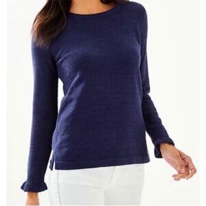 Lilly Pulitzer Calloway Chenille Ruffle Sleeve Sweater Crewneck Navy Sz S